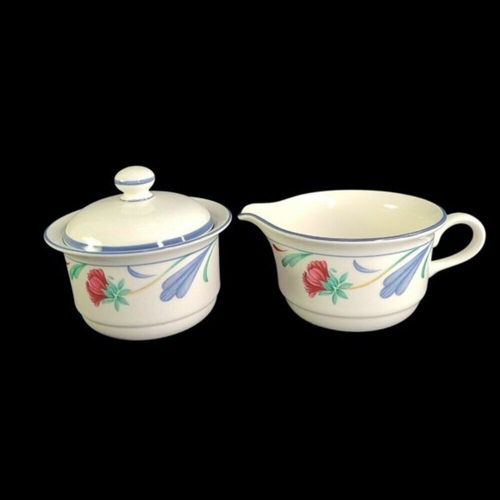 Lenox Poppies on Blue Sugar‎ Bowl With Lid And Creamer Set White With Floral Vtg